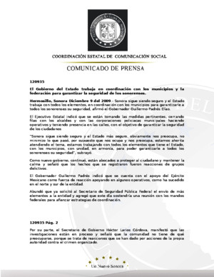 09-12-2009 Guillermo Padrés afirmó que Sonora sigue siendo seguro y el estado trabaja con todos los elementos, en coordinación con los municipios para garantizarle a todos los sonorenses su seguridad B120935