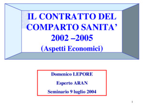 1 IL CONTRATTO DEL COMPARTO SANITA 2002 –2005 ( Aspetti Economici ) Domenico LEPORE Esperto ARAN Seminario 9 luglio 2004 Domenico LEPORE Esperto ARAN Seminario