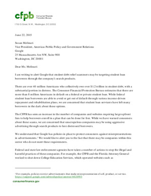 CFPB Letter to Google Re Student Debt Relief