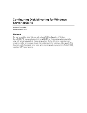 Configuring Disk Mirroring for Windows Server 2008 R2