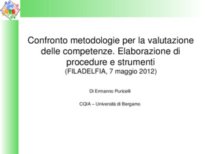 Confronto metodologie per la valutazione delle competenze Elaborazione di procedure e strumenti (FILADELFIA, 7 maggio 2012) Di Ermanno Puricelli CQIA