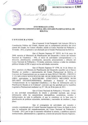 Decreto Supremo 1305 Censo de Población y Vivienda