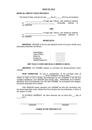 Deed of Sale (Motor Vehicle) Sample