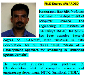 Dr Panduranga Rao MV Awarded PhD Computer Science from NITK Surathkal INDIA, in 13th Convocation