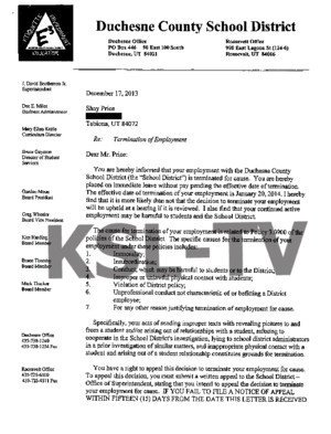 Duchesne County School District Notice of Termination Letter to Shay Price