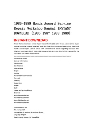 1986 1989 honda accord service repair workshop manual instant download (1986 1987 1988 1989)