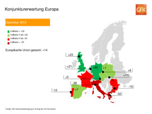 +21 Konjunkturerwartung Europa Dezember 2013 Indikator > +20 Indikator 0 bis +20 Indikator 0 bis -20 Indikator < -20 Europäische Union gesamt: +14 Indikator