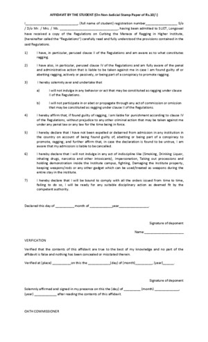 format of Affidavit by the Student Parent