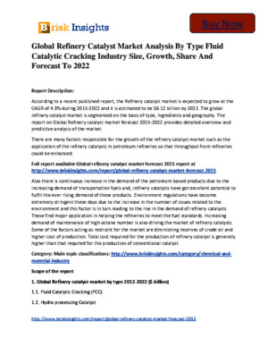 Global Refinery Catalyst Market to 2022 Size,Share,Growth, Trends and Forecast,By Brisk Insights