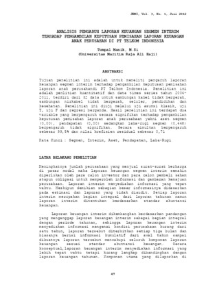 JEMI Vol 3 No 1 Juni 2012 Analisis Pengaruh Laporan Keuangan Segmen Interim Terhadap Pengambilan Keputusan Pemisahan Laporan Keuangan Anak Perusahan Di PT Telkom Indonesia