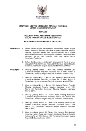 Kemenkes Ri Nomor 424menkesskiv2007 Tentang Pedoman Upaya Kesehatan Pelabuhan Dalam Rangka Karantina Kesehatan