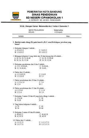 Kumpulan Soal ULANGAN HARIAN KE-2 Matematika Kelas 4 Semester 2