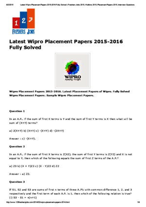 Latest Wipro Placement Papers 2015-2016 Fully Solved _ Freshers Jobs 2015, Walkins 2015, Placement Papers 2015, Interview Questions
