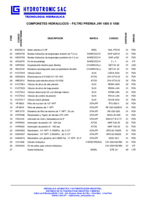 Listado de Partes y Componentes - Filtro Prensa JWI 1000 x 1000