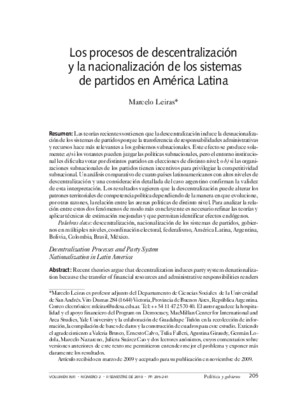6 Leiras, Marcelo (2010) Los Procesos de Descentralización y La Nacionalización de Los Sistemas de Partidos en América Latina Política y Gobierno, XVII (2), 205-241