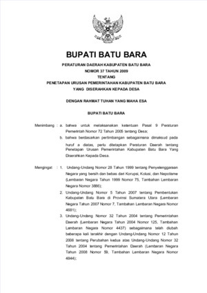 Peraturan Daerah Kabupaten Batu Bara Nomor 37 Tahun 2009 Tentang Penetapan Urusan Pemerintahan Kabupaten Batu Bara Yang Diserahkan Kepada Desa