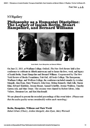 Philosophy as a Humanist Discipline_The Legacy of Isaiah Berlin, Stuart Hampshire, And Bernard Williams _The New York Review of Books