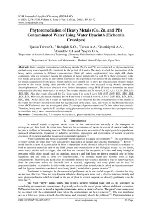 Phytoremediation of Heavy Metals (Cu, Zn, and PB) Contaminated Water Using Water Hyacinth (Eichornia Crassipes)