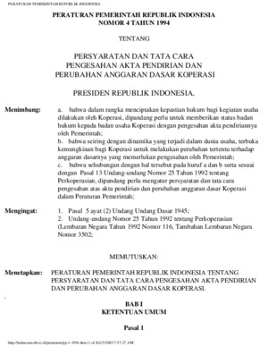 PP No 04 Tahun 1994 Persyaratan Dan Tata Cara Pengesahan Akta Pendirian Dan Perubahan Anggaran Dasar Koperasi