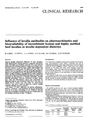 Influence of Insulin Antibodies on Pharmacokinetics and Bioavailability of Recombinant Human and Highly Purified Beef Insulins in Insulin Depedent Diabetics by sstrumello