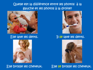 Quelle est la différence entre les photos à la gauche et les photos à la droite? Elle lave les dentsIl se lave les dents Elle brosse les cheveuxElle