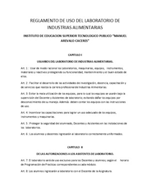 Reglamento de Uso Del Laboratorio de Industrias Alimentarias