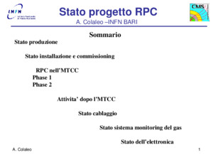 A Colaleo1 Stato produzione Stato installazione e commissioning RPC nell’MTCC Phase 1 Phase 2 Attivita’ dopo l’MTCC Stato cablaggio Stato sistema monitoring