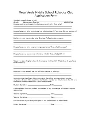 Sample Middle School Robotics Club Application Form