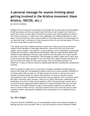 A personal message for anyone thinking about getting involved in the Krishna movement (Hare Krishna, ISKCON, etc) by Steven Gelberg