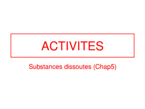 ACTIVITES Substances dissoutes (Chap5) M E N U Exercice 1 : calcul de cExercice 1 Exercice 2 : calcul de mExercice 2 Exercice 3 : calcul de VExercice