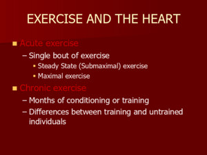 Acute exercise Acute exercise –Single bout of exercise  Steady State (Submaximal) exercise  Maximal exercise Chronic exercise Chronic exercise –Months