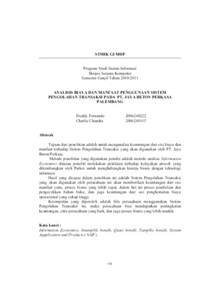 Analisis Biaya Dan Manfaat Sistem Pengolahan Transaksi Pada Pt Jaya Beton Perkasa Palembang