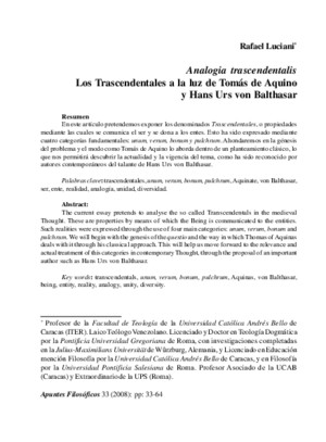 Analogia Trascendentalis: Los Trascendentales a la luz de Tomás de Aquino y Hans Urs von Balthasar