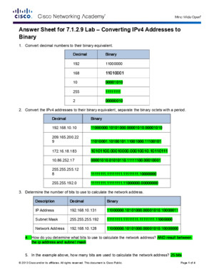 Answer Sheet for 7129 Lab - Converting IPv4 Addresses to Binary