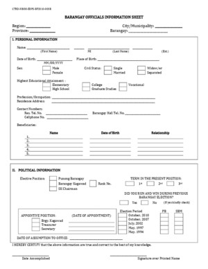 Barangay Officials Information Sheet Form