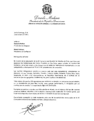 Carta de felicitaciones del presidente Danilo Medina para Gaetano Pellice, presidente de Adopaso, y Mario Heinsen, presidente de Confepaso