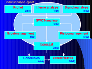 1 Profiel 2(b1) Interne analyse 1(b1) Brancheanalyse 3(b2) SWOT-analyse 6(b3) Groeimanagement 4(b2) Risicomanagement 5(b2) Forecast 7(b3) Conclusies 9(b4)