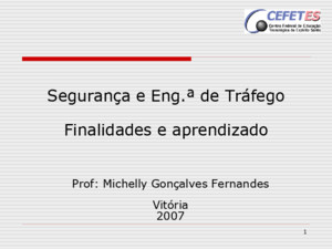 1 Segurança e Engª de Tráfego Finalidades e aprendizado Prof: Michelly Gonçalves Fernandes Vitória 2007