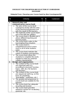 Checklist for Evaluation and Selection of Coursebook