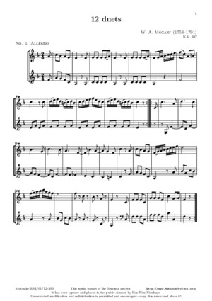 CLARINETE - PARTITURA - Mozart - 12 Duetos Para Clarinete Corne Basseto - K487