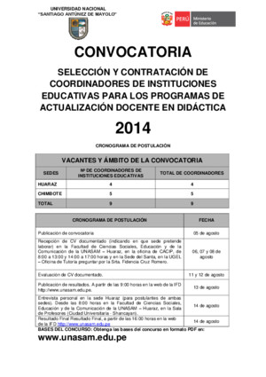 Convocatoria para coordinadores SELECCIÓN Y CONTRATACIÓN DE COORDINADORES DE INSTITUCION EDUCATIVA 2014-2015