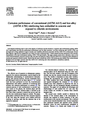 Corrosion Performance of Conventional (ASTM A615) and Low-Alloy (ASTM A706) Reinforcing Bars Embedded in Concrete and Exposed to Chloride Environments