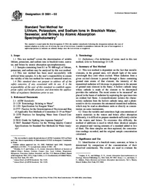 D 3561=Lithium, Potassium, and Sodium Ions in Brackish Water, Seawater, and Brines by Atomic Absorption Spectrophotometry