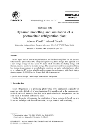 Dynamic modelling and simulation of a photovoltaic refrigeration plant
