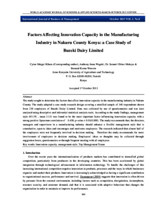Factors Affecting Innovation Capacity in the Manufacturing Industry in Nakuru County Kenya: a Case Study of Buzeki Dairy Limited