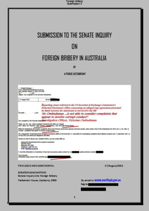 foreign bribery inquiry submission victorian ombudsman 1,000,000 hush deed and fbi bushes re supportive americans accountant