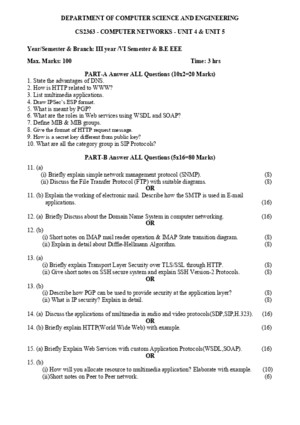 III EEE CS2363 - Computer Networks Important Questions for Unit 4 & Unit 5 , For May-june 2014