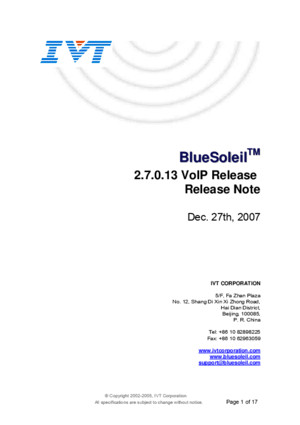 IVT BlueSoleil 27013 VoIP Release 071227 Release Note