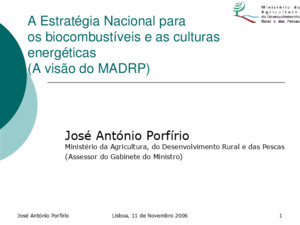 José António PorfírioLisboa, 11 de Novembro 20061 A Estratégia Nacional para os biocombustíveis e as culturas energéticas (A visão do MADRP) José António