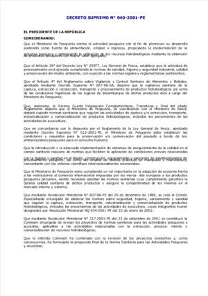 Norma Sanitaria Para Las Actividades Pesqueras y Acuicolas DS 040-2001-PRODUCE